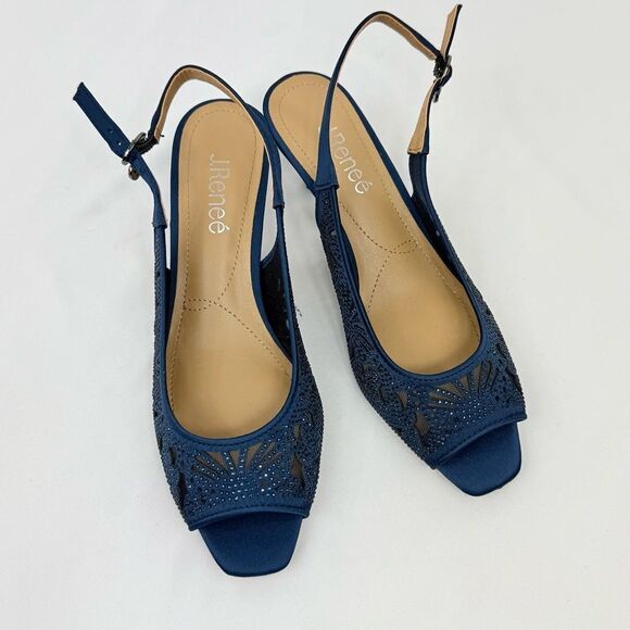 J. Renee ARATA Navy Blue Sparkle Laser Cutout Lace Mesh Open Toe Slingback Heels - Picture 6 of 16